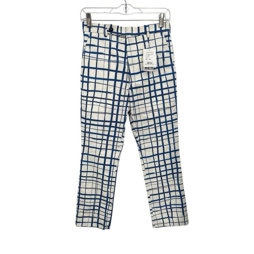 NWT Carven Pants Boot Cut Canvas Print Market Blue White Check Size 36